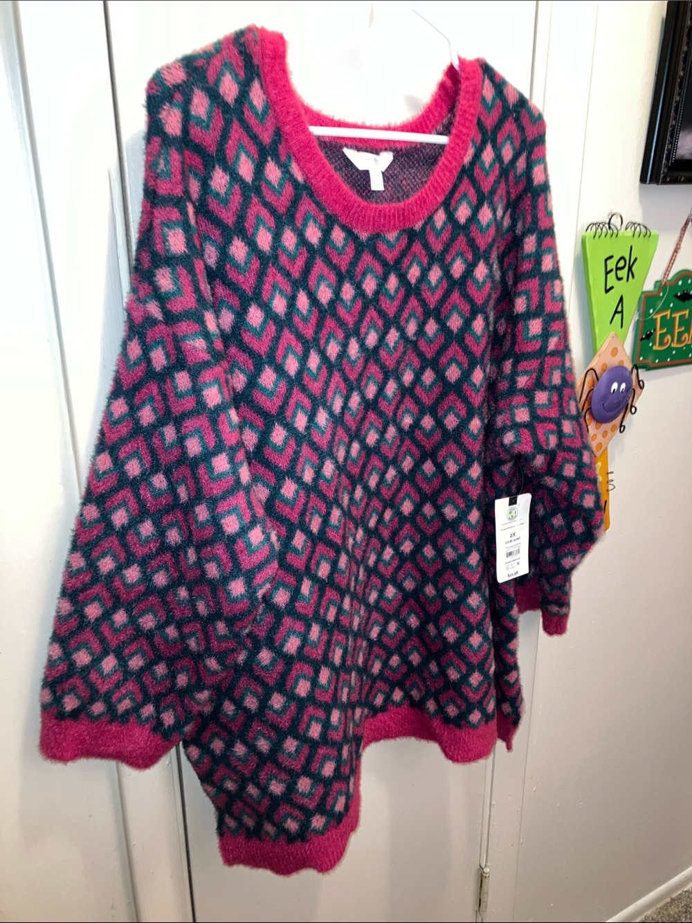 Terra & Sky Pink and Dark Teal Patterned Crewneck Sweater Size 2X